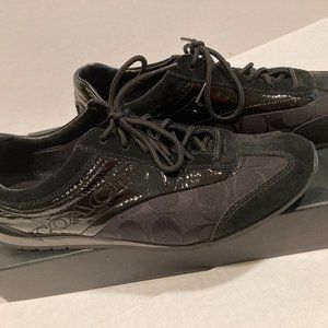 Coach Women's Signature Logo Sneakers, Size 10M, Black Patent/Suede With Laces.